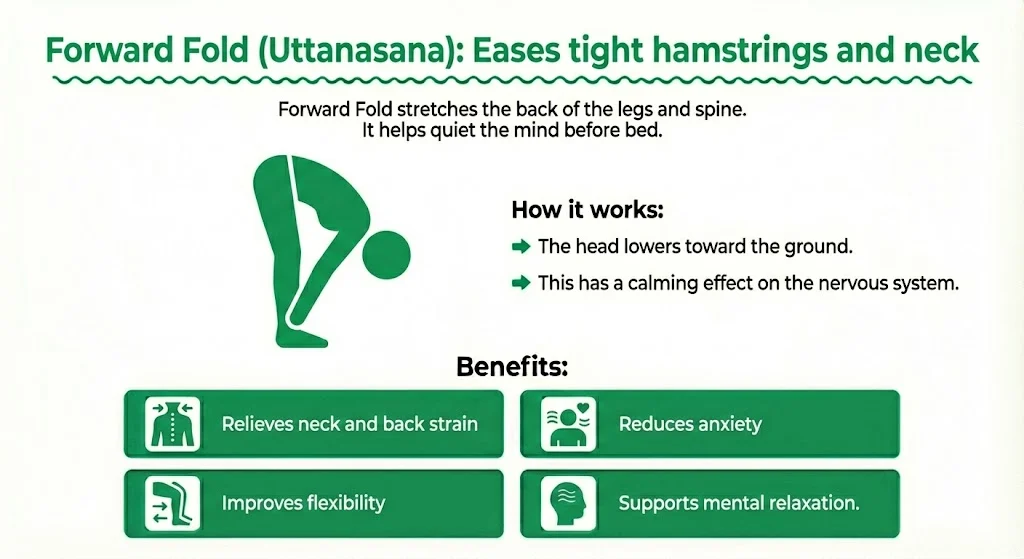 Forward Fold: Eases tight hamstrings and neck
