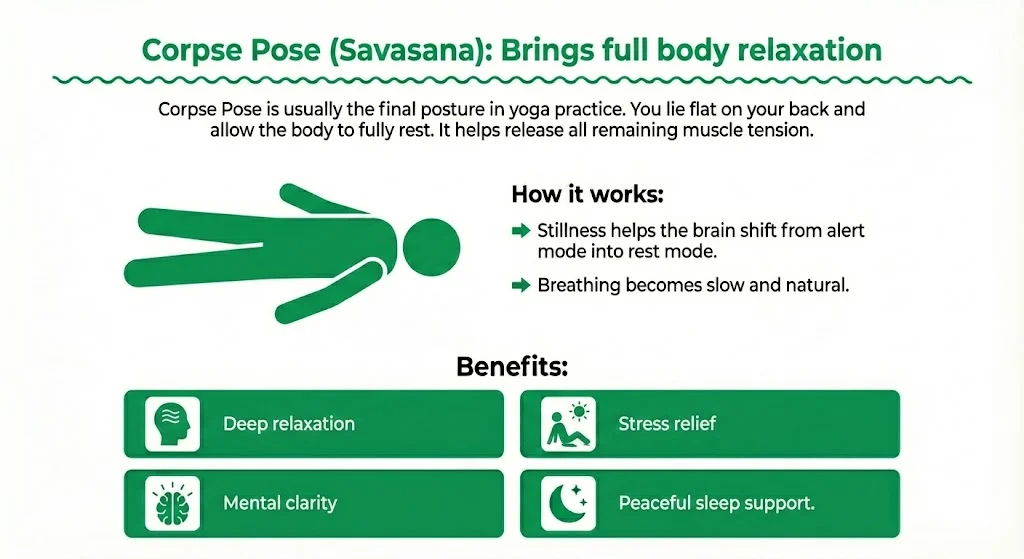 Corpse Pose (Savasana): Brings full body relaxation