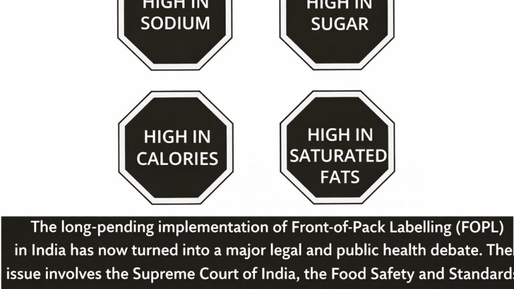 Packaged food products with front-of-pack labelling highlighting nutrition and health warnings in India